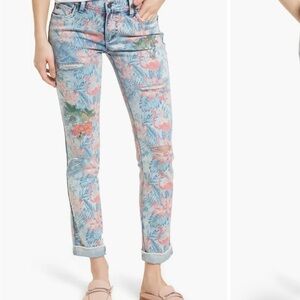 Billy T Embroidered Distressed Flamingo Jeans - size 2